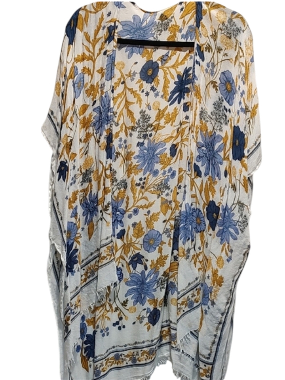 Floral Kimono Lightweight Cardigan Shawl with Blue and Yellow Pattern